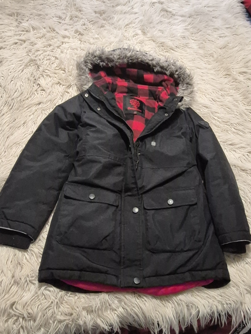 Kids Girls Black Puffer Coat with Faux-Fur Hood and Red Plaid Lining Size 10-12